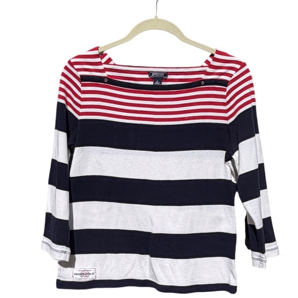 American Living Nautical Striped Boat Neck 3/4 Sleeve Cotton‎ Top Navy Red L